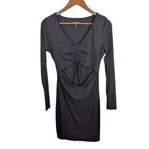 BCBG Paris Black Ribbed Open Front Ruched Long Sleeve Mini Dress